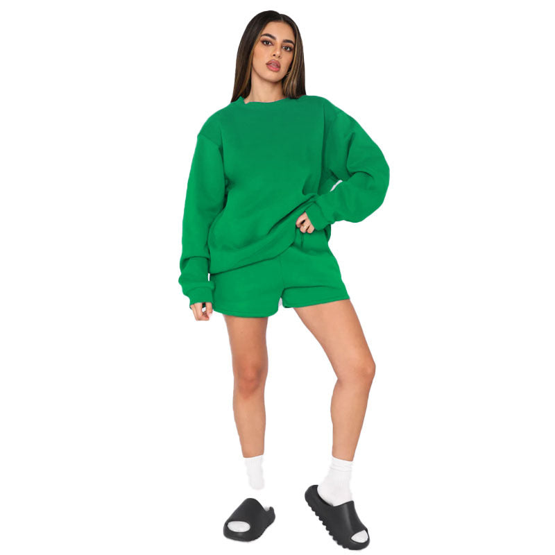 Solid Color Round Neck Long Sleeve Sweater Women Casual Shortt Set