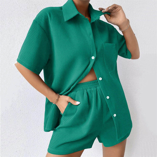 Waffle Loose Casual Short Sleeved Two-Piece Set