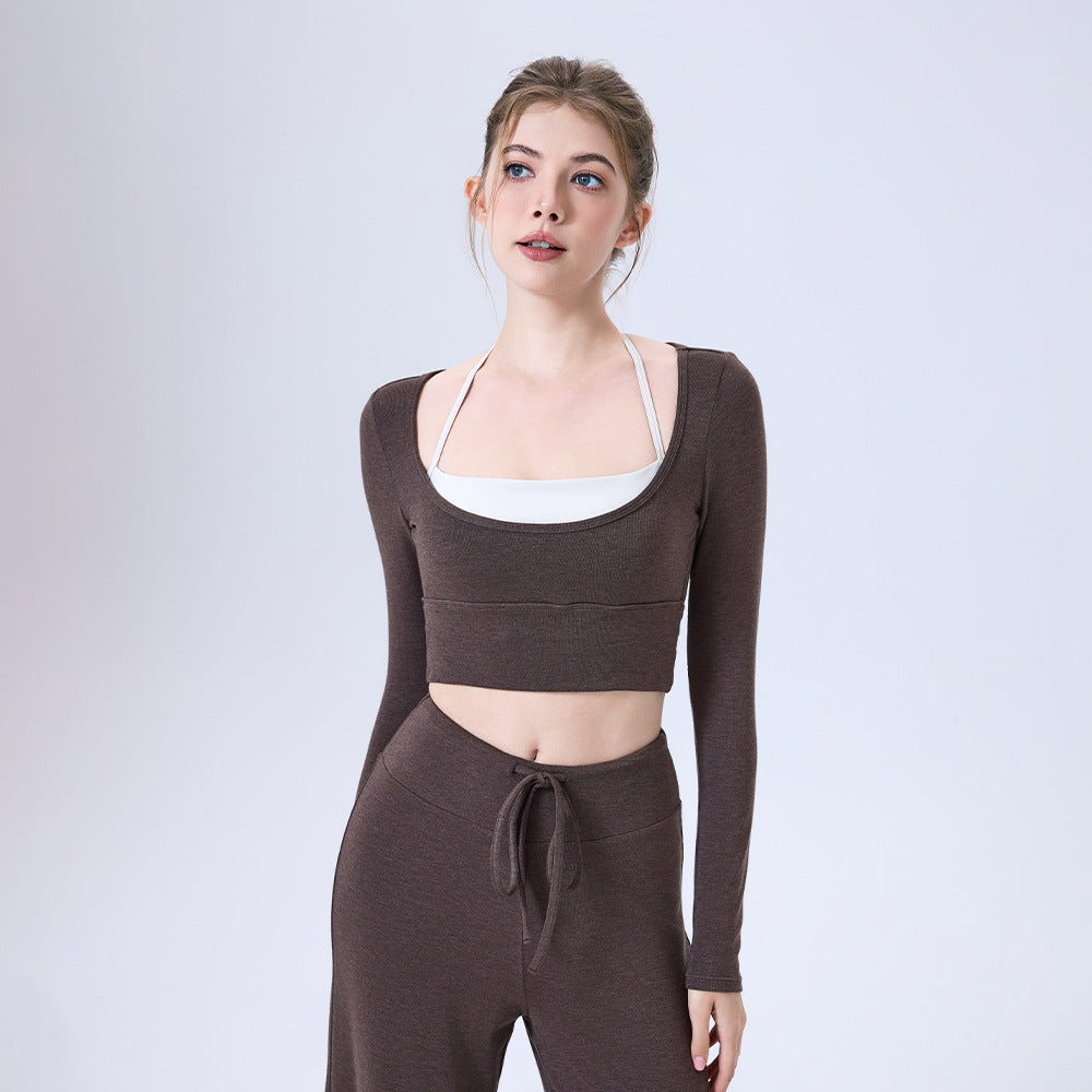 Nude Feel Long Sleeve Semi Fixed Cup Running Sports Bra Breathable Top