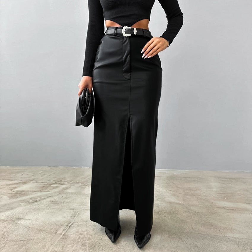 Elegant Fleece Lined Matte High Waist Slim Fit Slit Straight Skirt