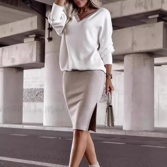 Loose V neck Sweatshirt Pencil Skirt Top Two-Piece Set