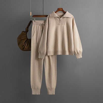 Polo Collar Sweater Casual Knitted Two-Piece