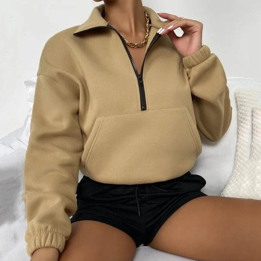 Loose Zip Collar Long Sleeve Sweatshirt Tops