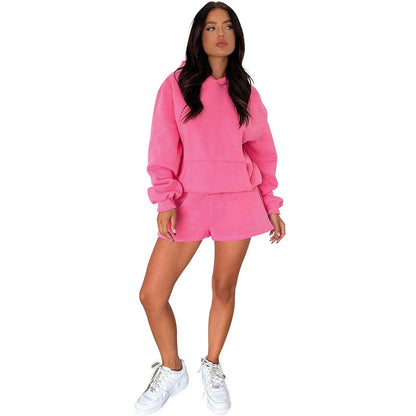 Solid Color Long-Sleeved Hooded Casual Shorts Two-Piece Set