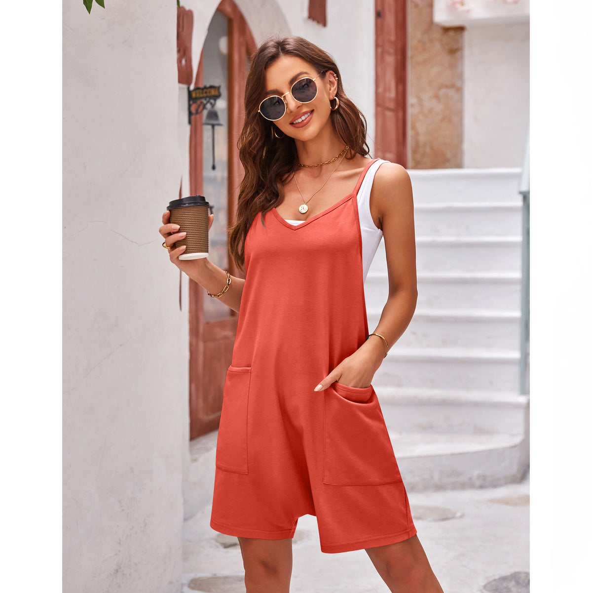 Casual Pocket Spaghetti Straps Knitted Shorts Jumpsuit