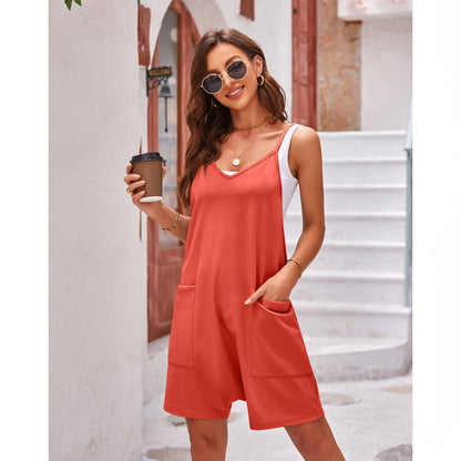 Casual Pocket Spaghetti Straps Knitted Shorts Jumpsuit