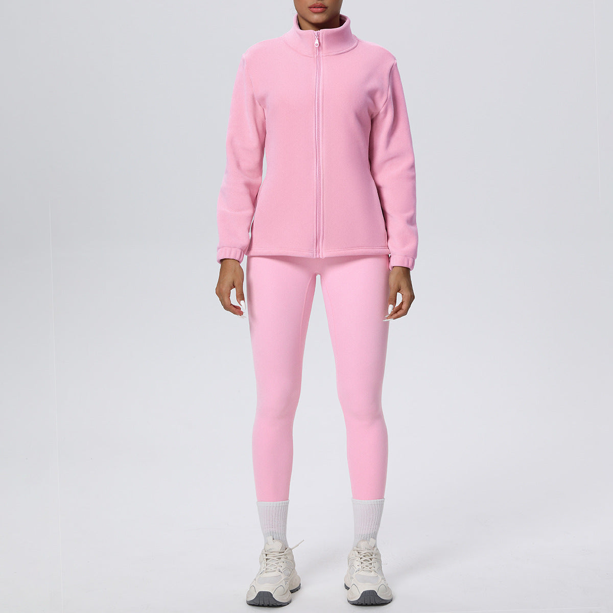 Skinny High Waist Hip Lift Nude Feel & Long Sleeve Zipper Fleece Padded Coat Two-Piece Suit