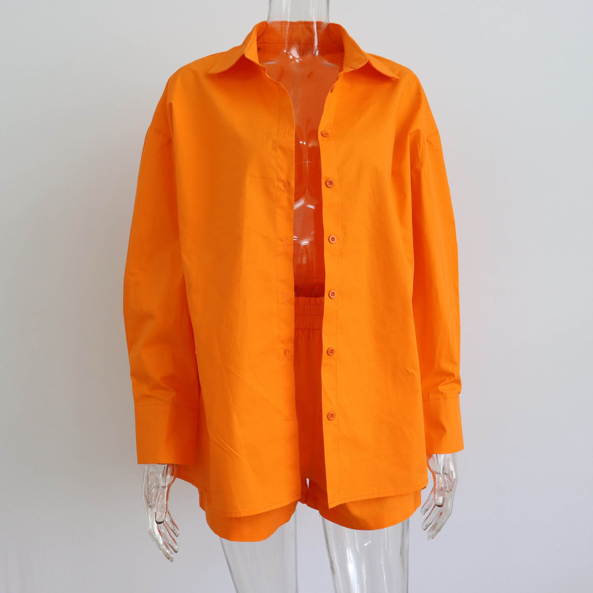 Two Piece Set Solid Color Single Breasted Long Sleeve Collared Shirt Shorts Loose Casual Set