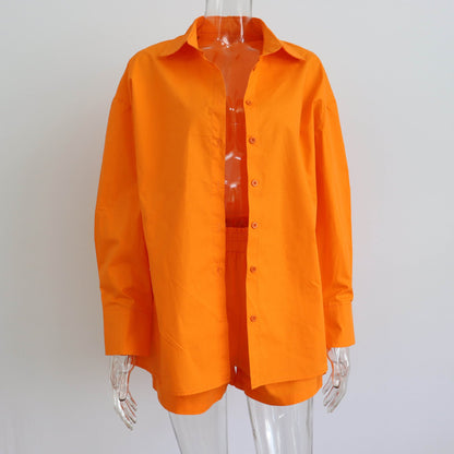 Two Piece Set Solid Color Single Breasted Long Sleeve Collared Shirt Shorts Loose Casual Set