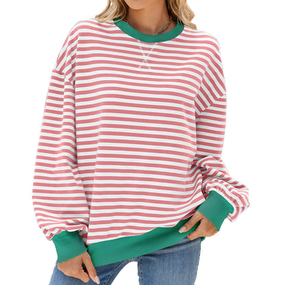 Striped Round Neck Contrast Color Long Sleeve