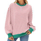 Striped Round Neck Contrast Color Long Sleeve