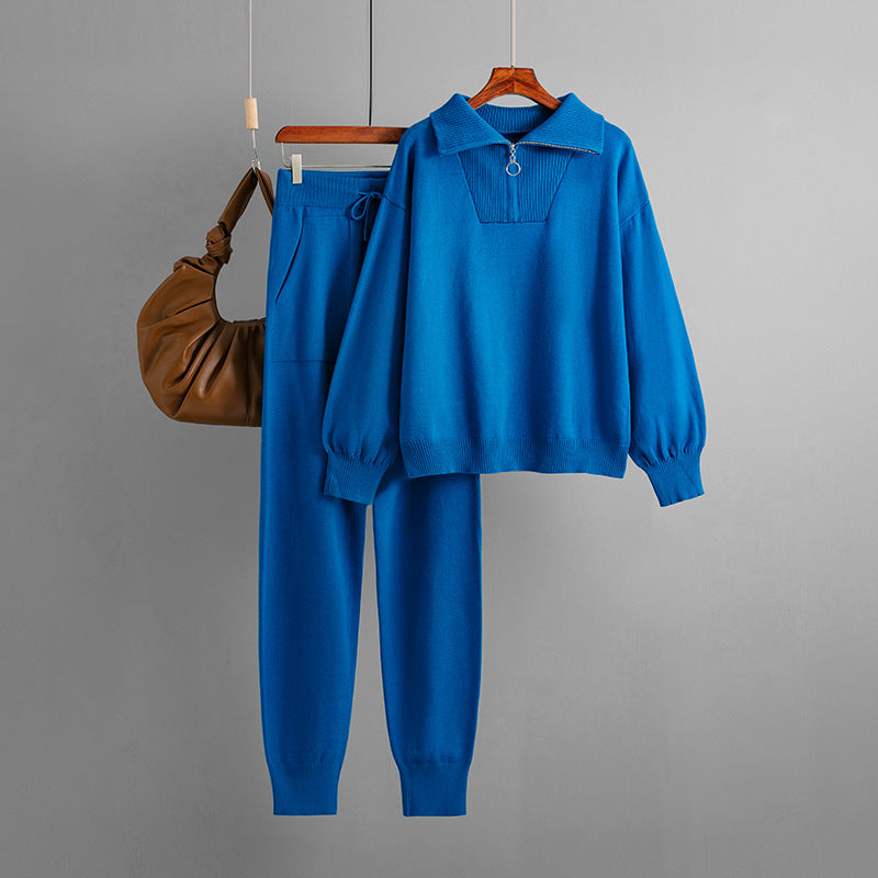 Polo Collar Sweater Casual Knitted Two-Piece