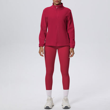 Skinny High Waist Hip Lift Nude Feel & Long Sleeve Zipper Fleece Padded Coat Two-Piece Suit