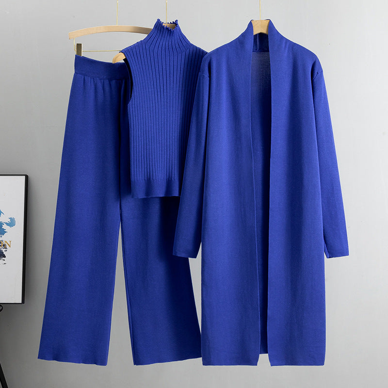 Knitting Suit Women Shawl Turtleneck Vest Wide Leg Pants Three Piece Set