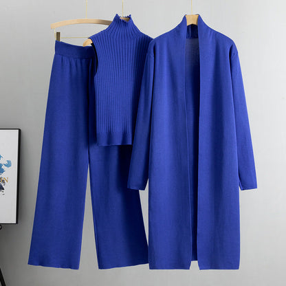 Knitting Suit Women Shawl Turtleneck Vest Wide Leg Pants Three Piece Set
