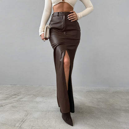 Elegant Fleece Lined Matte High Waist Slim Fit Slit Straight Skirt