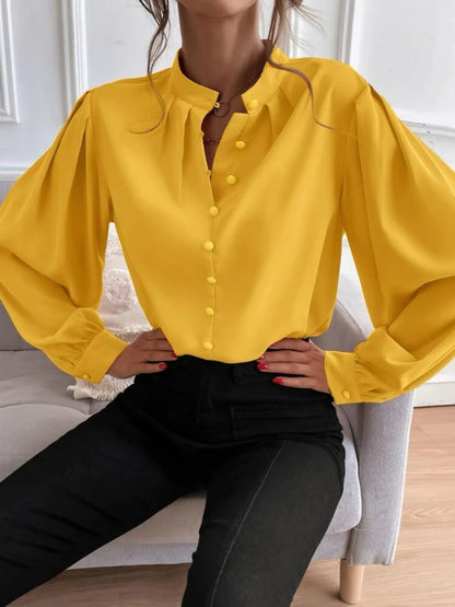 Elegant Solid Color Collared Long Sleeve Top