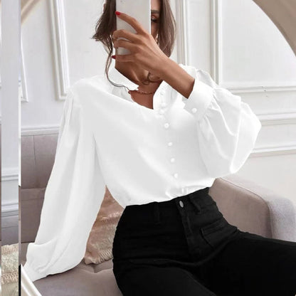 Elegant Solid Color Collared Long Sleeve Top