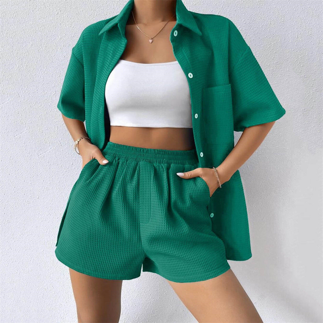 Waffle Loose Casual Short Sleeved Two-Piece Set