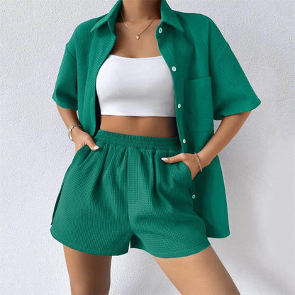 Waffle Loose Casual Short Sleeved Two-Piece Set