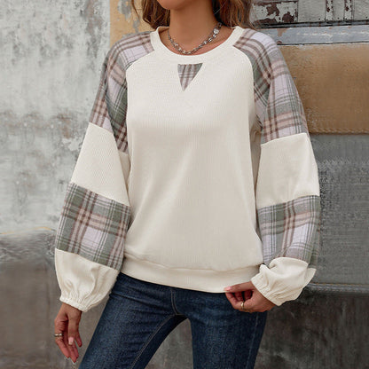 Casual Plaid Colorblock Round Neck Sweatshirt
