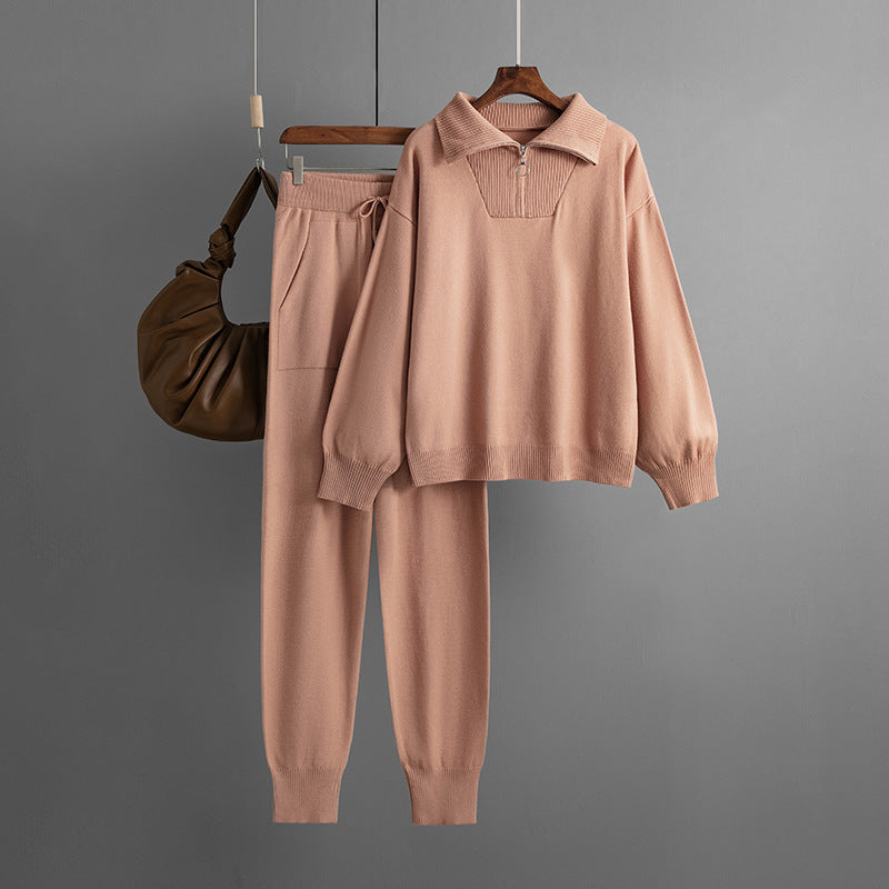 Polo Collar Sweater Casual Knitted Two-Piece
