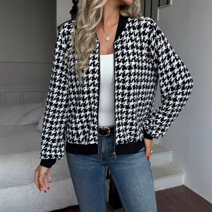 Zipper Houndstooth Slim Fit Casual Shacket