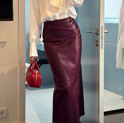 High Waist Split Faux Leather Wine Red Long Sheath Skirt