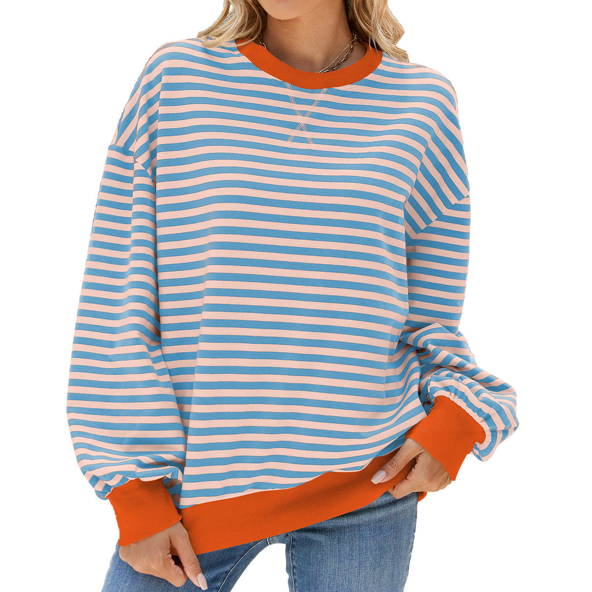 Striped Round Neck Contrast Color Long Sleeve