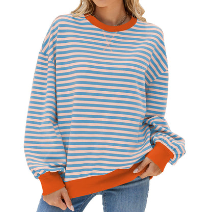 Striped Round Neck Contrast Color Long Sleeve