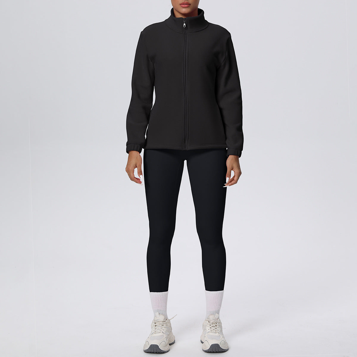 Skinny High Waist Hip Lift Nude Feel & Long Sleeve Zipper Fleece Padded Coat Two-Piece Suit