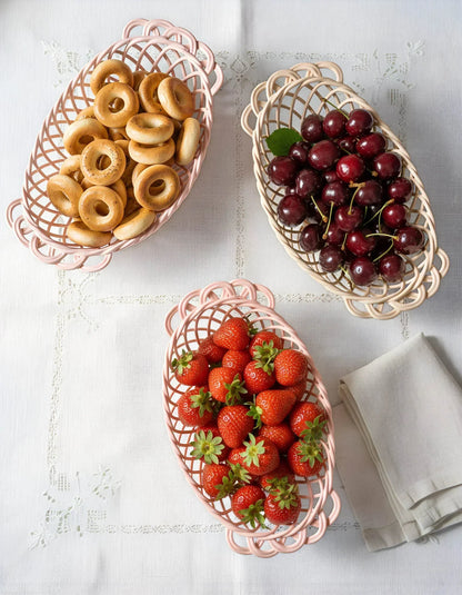 Glazed Porcelain Hand-Woven Oval Basket