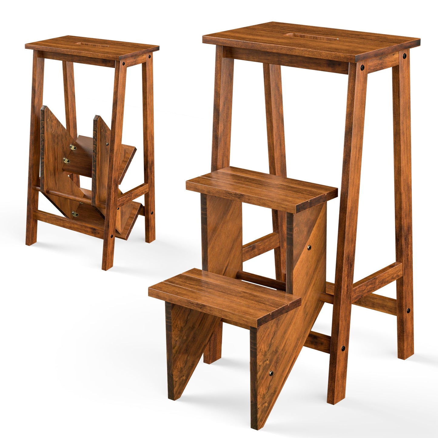 3-in-1 Rubber Wood 3 Tier Folding Step Stool