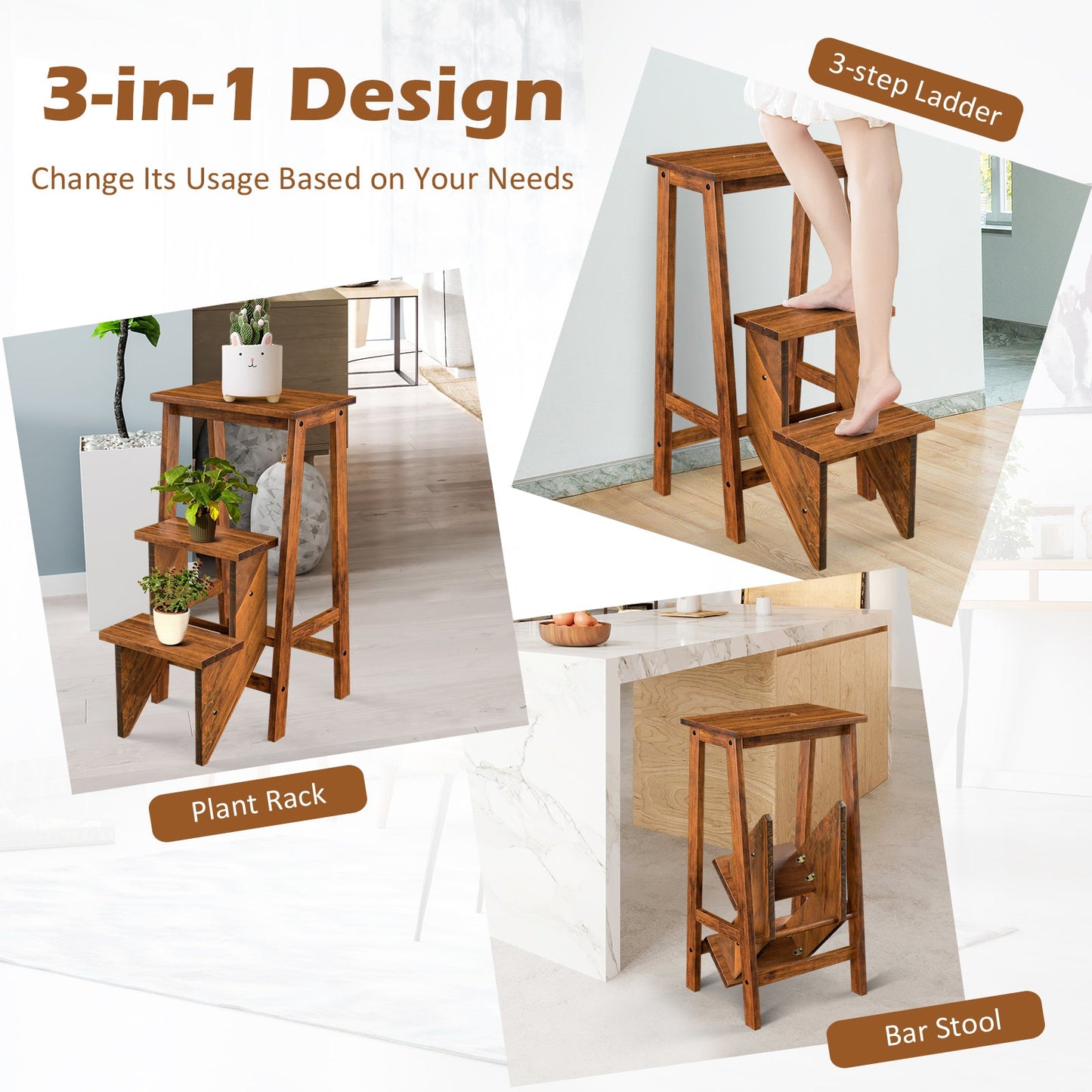 3-in-1 Rubber Wood 3 Tier Folding Step Stool
