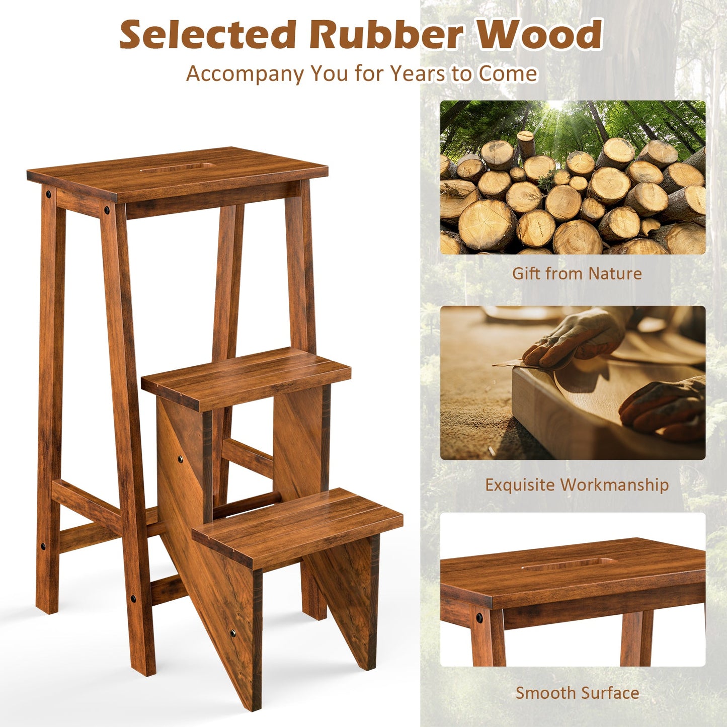 3-in-1 Rubber Wood 3 Tier Folding Step Stool