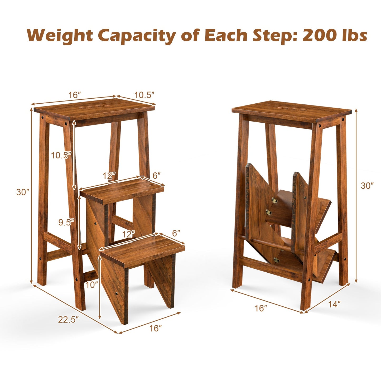 3-in-1 Rubber Wood 3 Tier Folding Step Stool