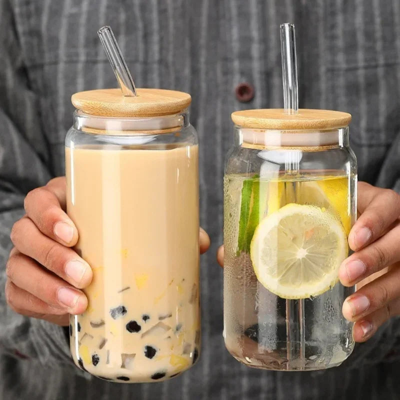 Transparent Glass Cup with Wooden Lid and Straw