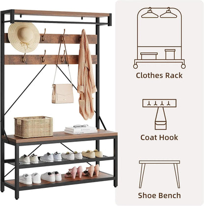 Industrial Hall Tree Coat Rack w/ Bench & 3-Tier Shoe Storage