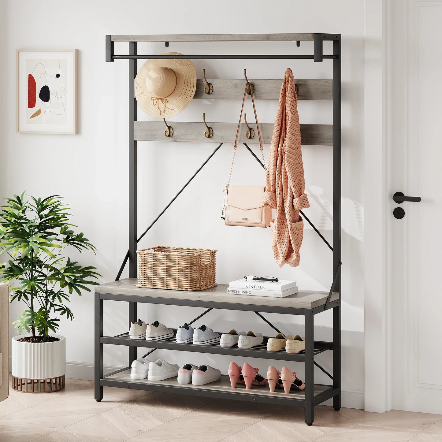 Industrial Hall Tree Coat Rack w/ Bench & 3-Tier Shoe Storage