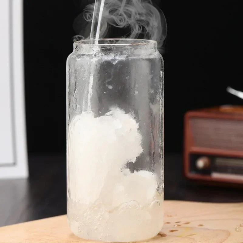 Transparent Glass Cup with Wooden Lid and Straw