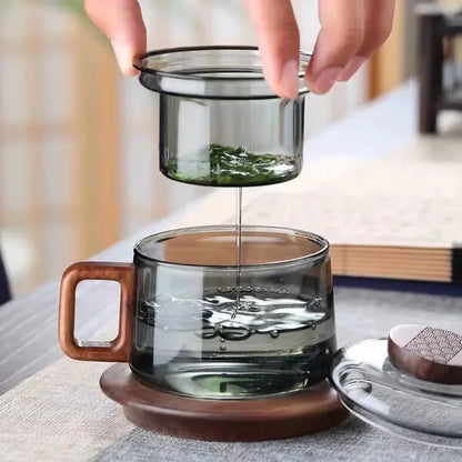 200ML Glass Teacup with Filter and Wooden Handle