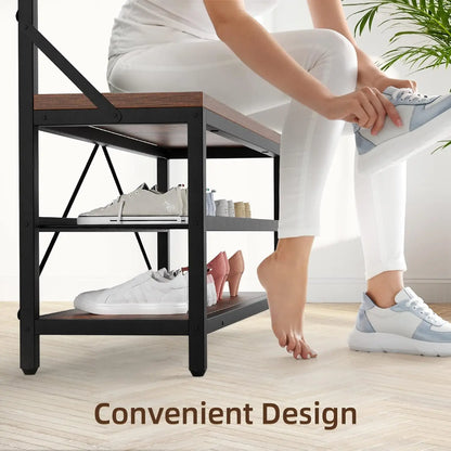 Industrial Hall Tree Coat Rack w/ Bench & 3-Tier Shoe Storage