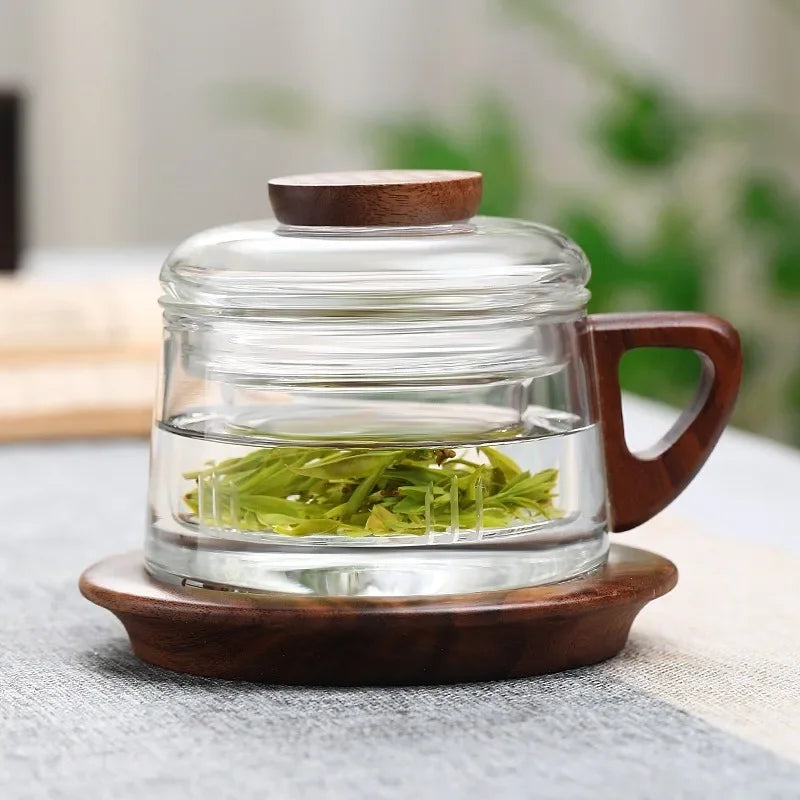 200ML Glass Teacup with Filter and Wooden Handle