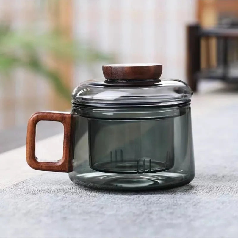 200ML Glass Teacup with Filter and Wooden Handle
