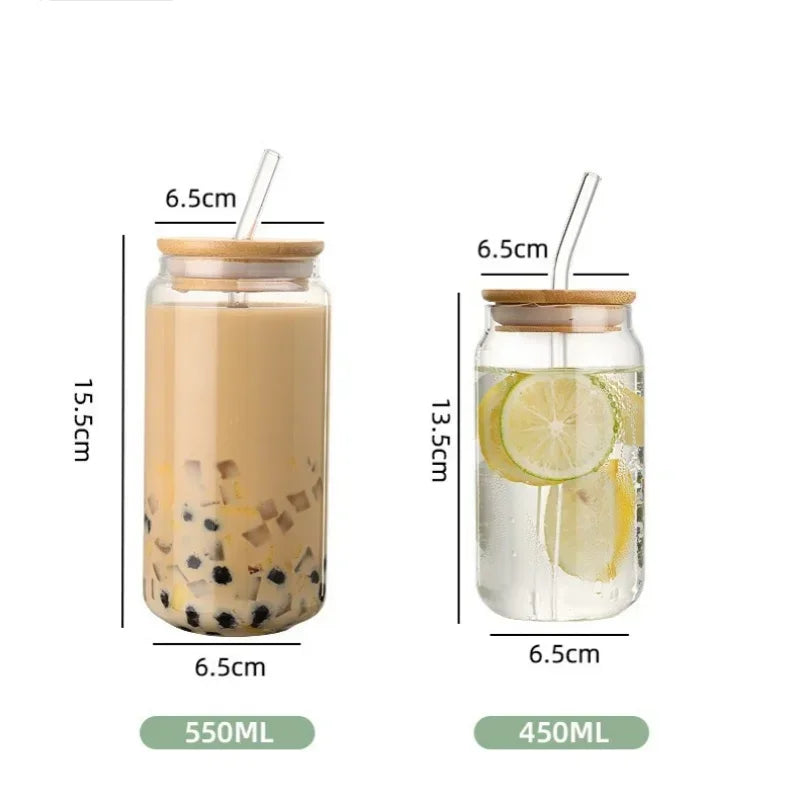 Transparent Glass Cup with Wooden Lid and Straw