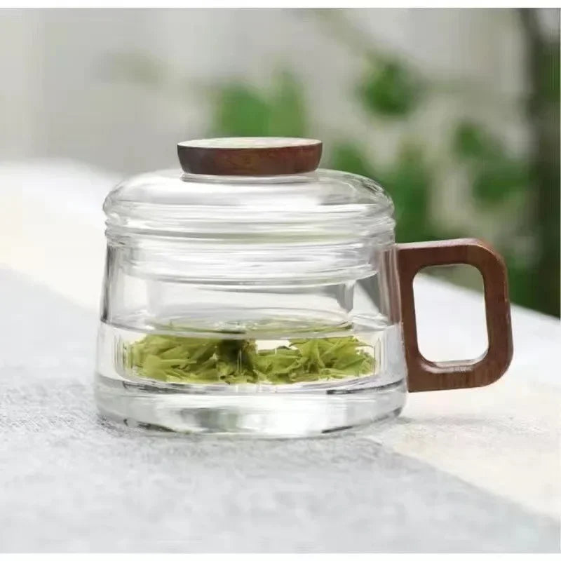 200ML Glass Teacup with Filter and Wooden Handle