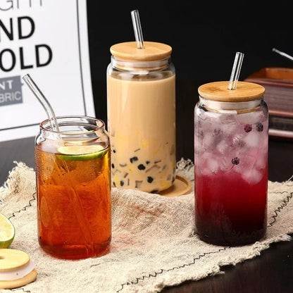 Transparent Glass Cup with Wooden Lid and Straw