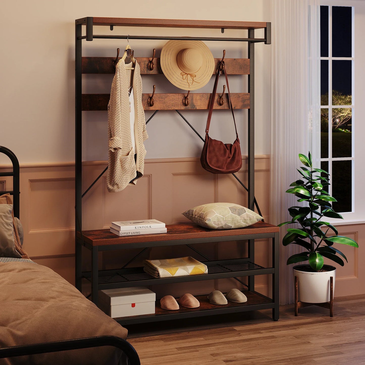 Industrial Hall Tree Coat Rack w/ Bench & 3-Tier Shoe Storage