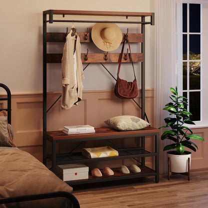 Industrial Hall Tree Coat Rack w/ Bench & 3-Tier Shoe Storage