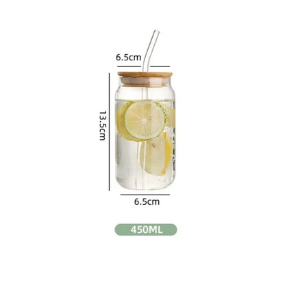 Transparent Glass Cup with Wooden Lid and Straw